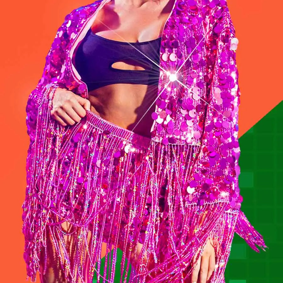 Pink Fringe Sequin Jacket Set