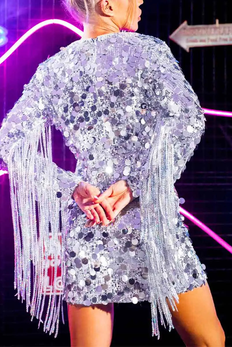 sequin fringe dress long sleeve
