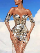 Gold Sequin Off The Shoulder Dress - Sheer Dress