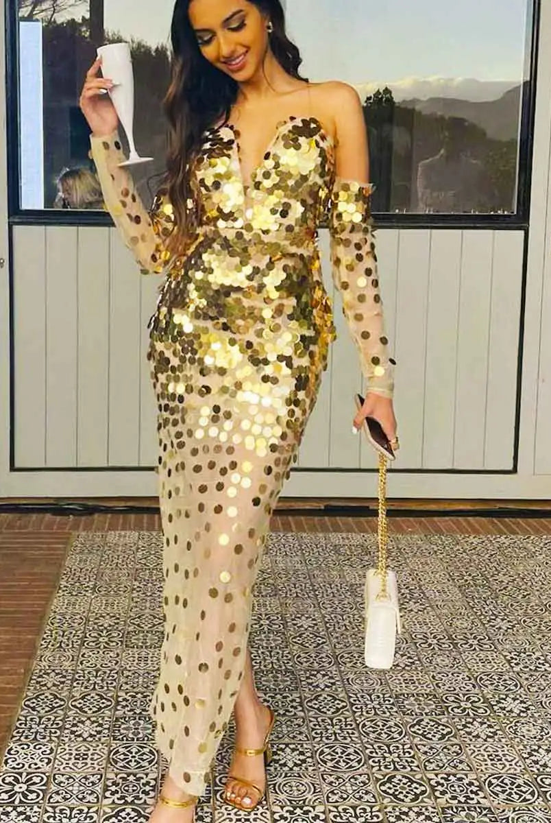Off-Shoulder Sequin Sheer Gown