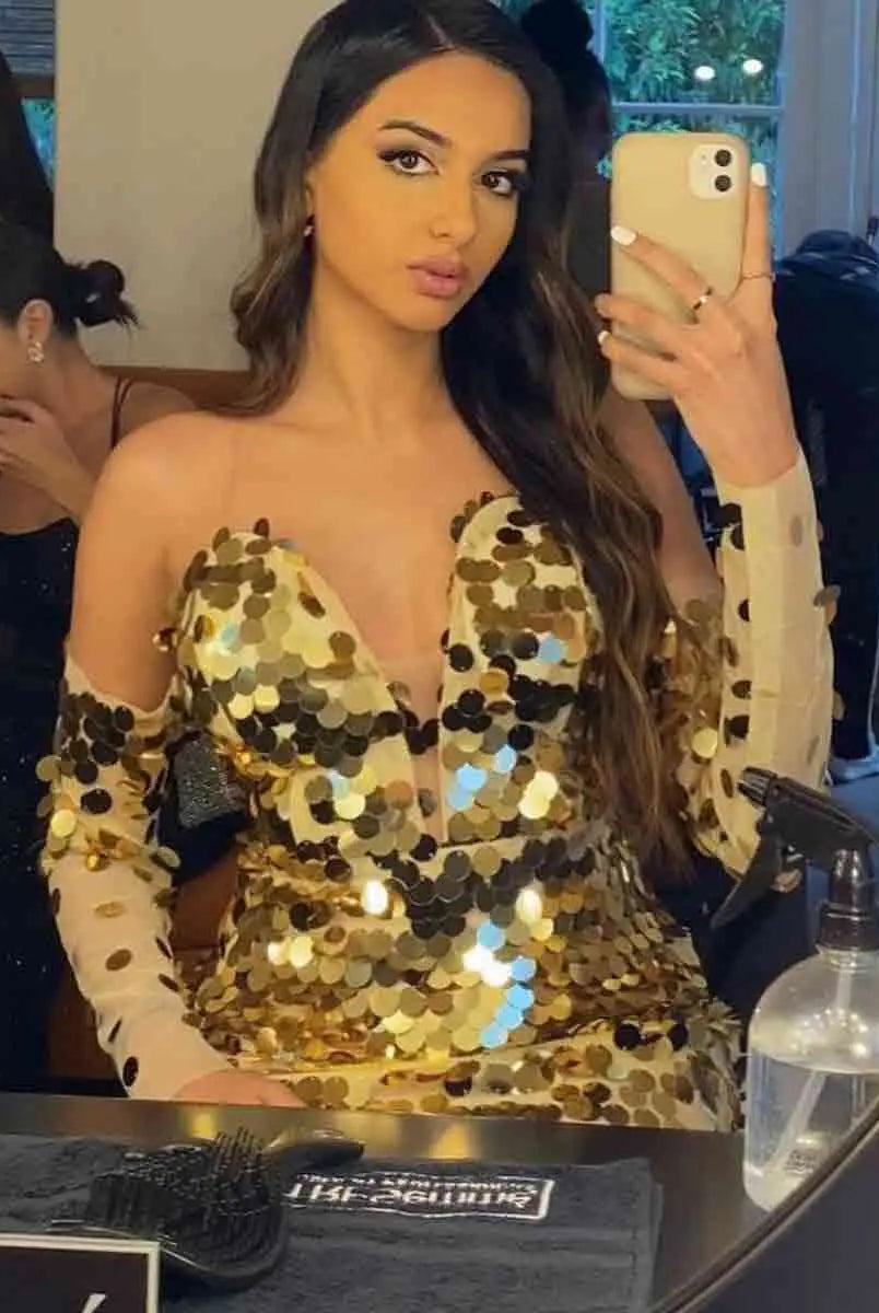 Sequin & Sheer Off-Shoulder Dress