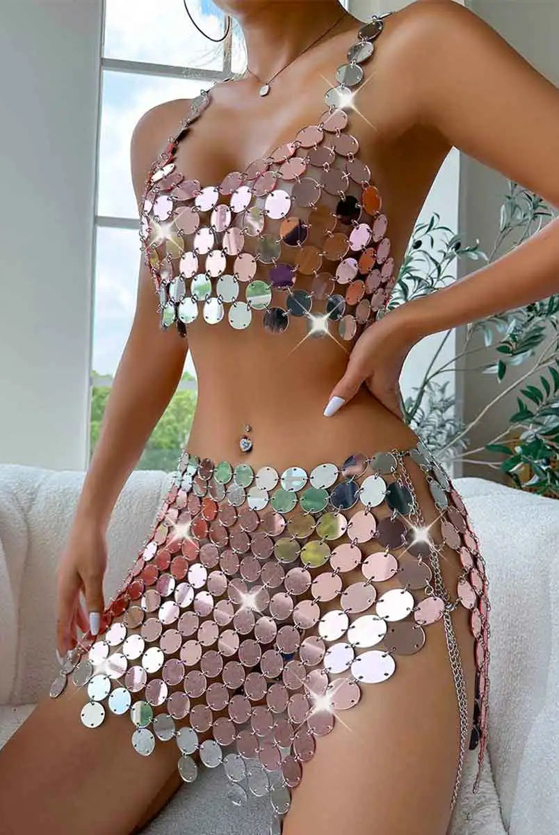 Silver Sequin Skirt Suit