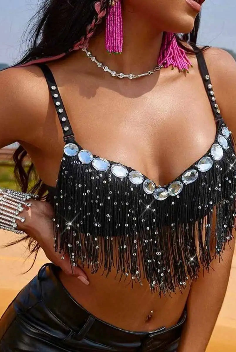 Dazzling Black Rhinestone Tassel Bra for Nights Out