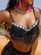Dazzling Black Rhinestone Tassel Bra for Nights Out