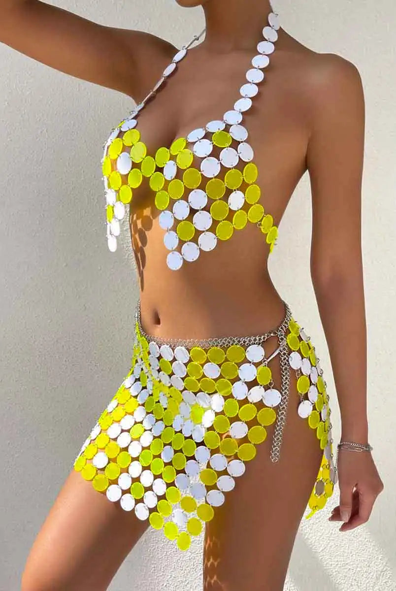 Yellow & White Sequin Skirt Set