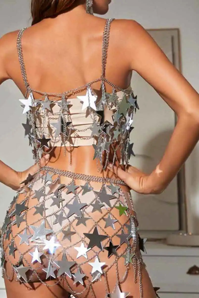 Star Sequin Skirt + Star Chainmail Top - Silver Shiny Suit