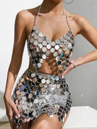 Silver Disco Sequin Skirt+Bra Top Set