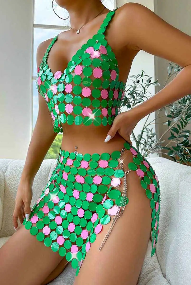 Green Sequin Mini Skirt Set