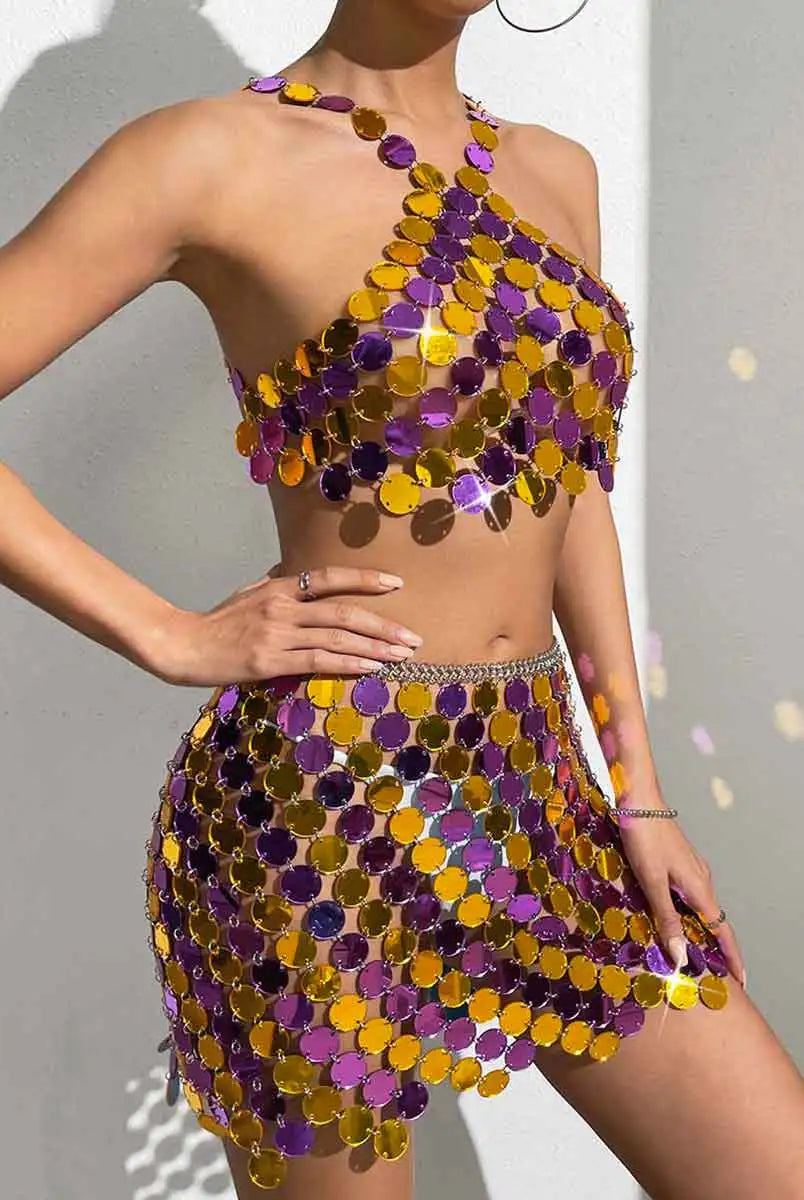 Purple And Gold Sequin Skirt Suit