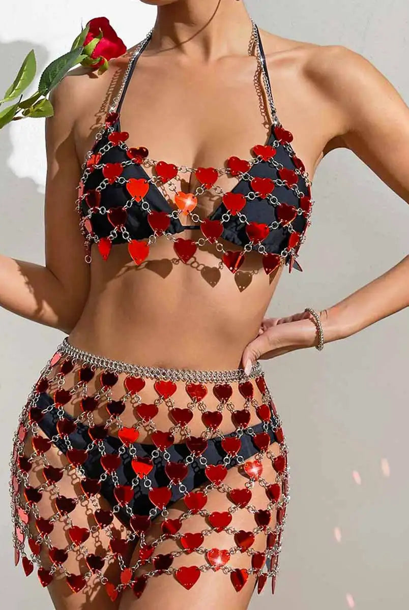Sequin Red Heart Halter Top & Skirt