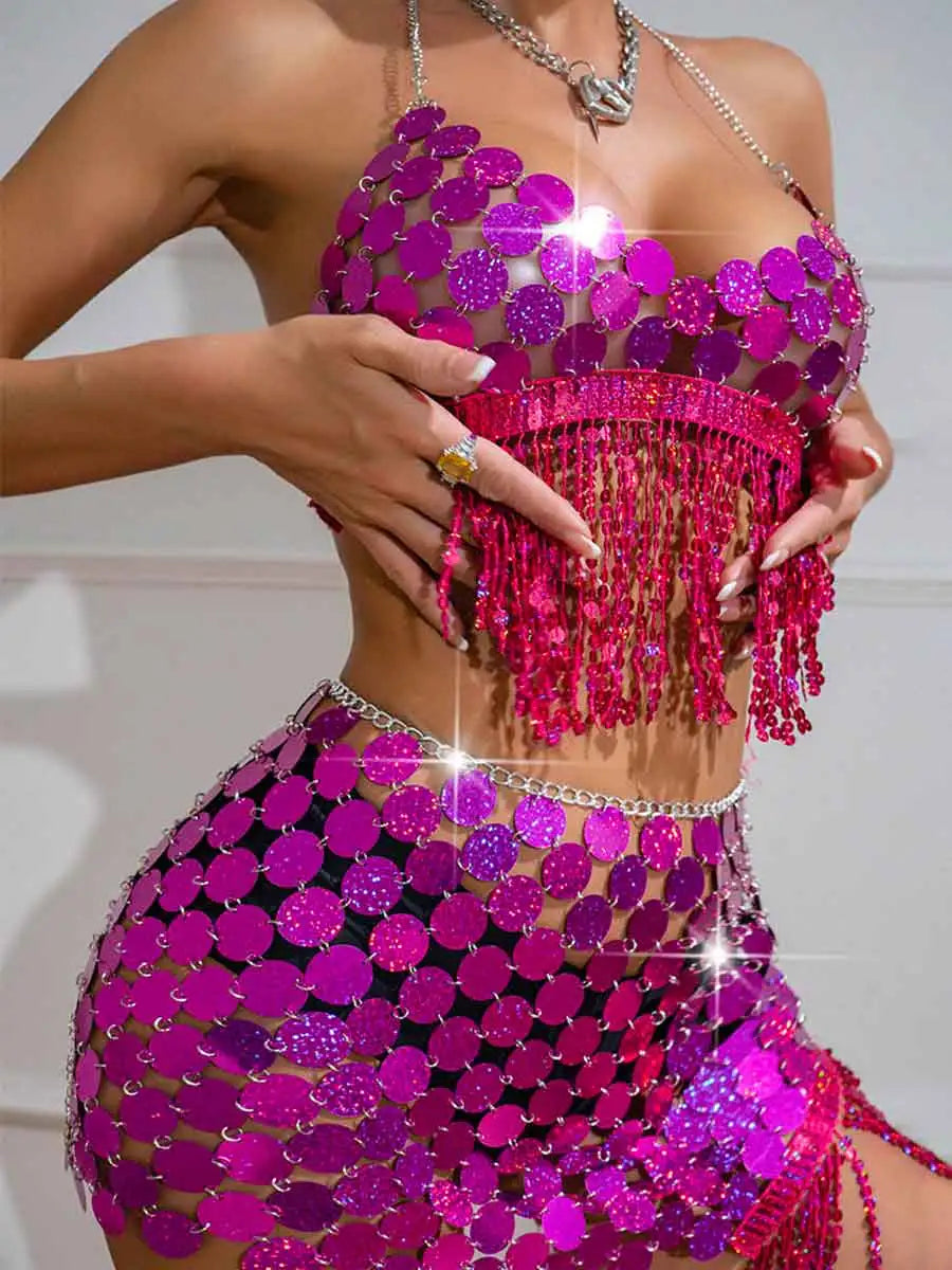 sequin disc skirt set