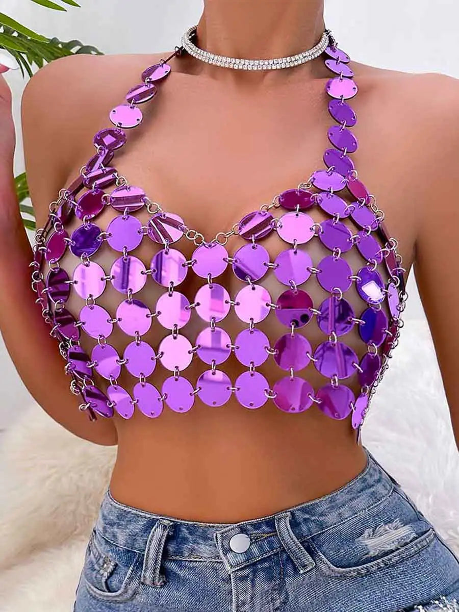 Sequin Chain Bra - Metallic Chain Colorful Glitter Bra Top
