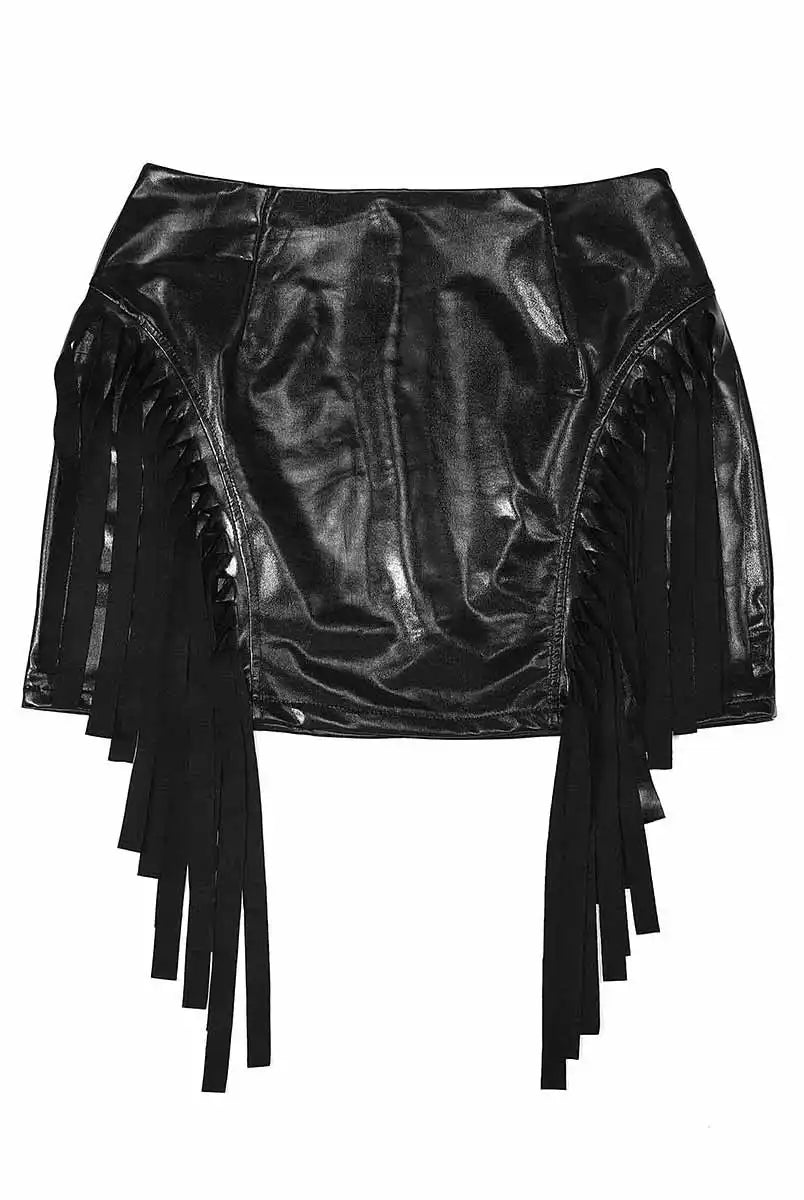 Black tassel mini leather skirt