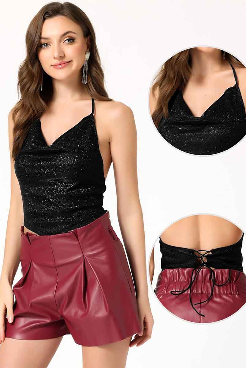 Cool Summer V-neck Halter Black sparkly Backless Tank Top