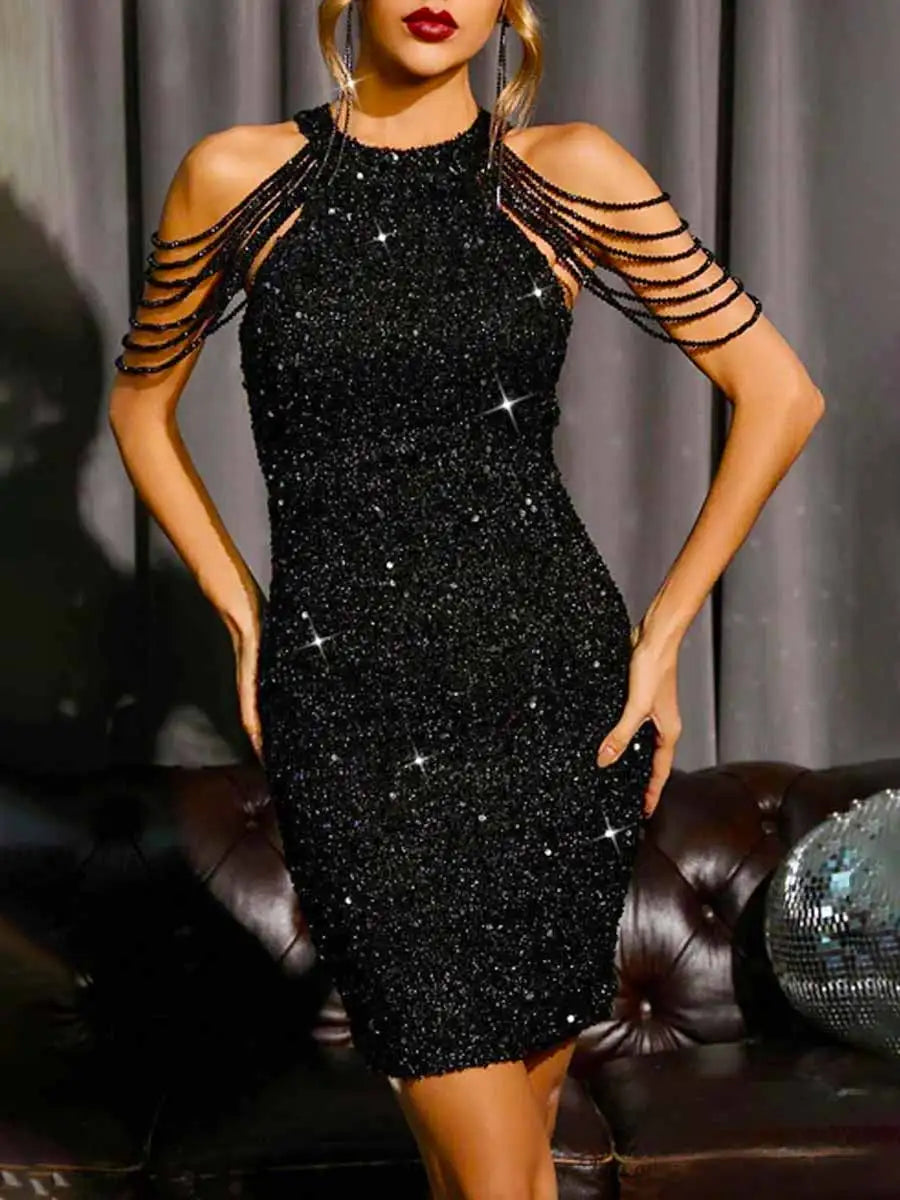 black sleeveless sequin dress