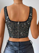 Black Rhinestone Tank Top - Asymmetric Camisole Top