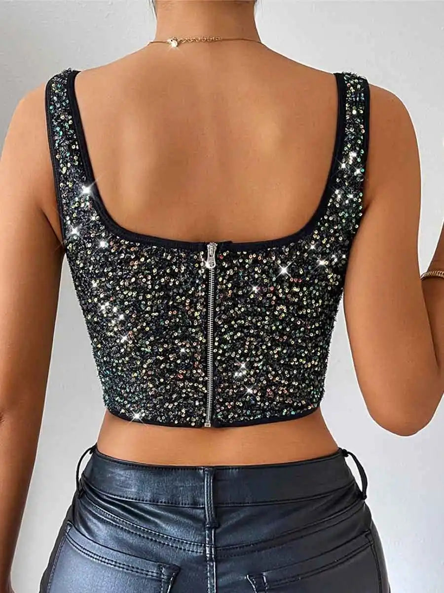 Black Rhinestone Tank Top - Asymmetric Camisole Top