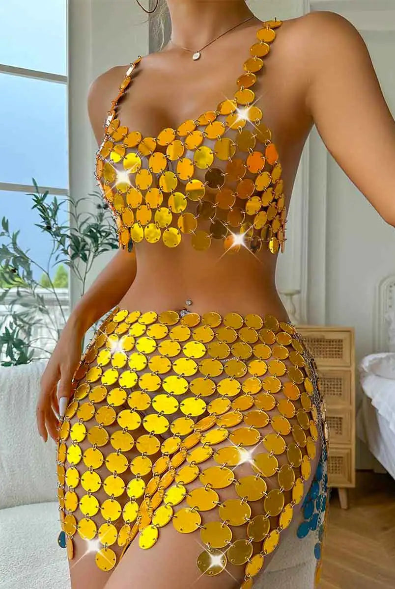 gold sequin skirt outfit set