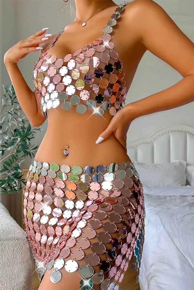 Silver Short bra vest + sequin skirt set