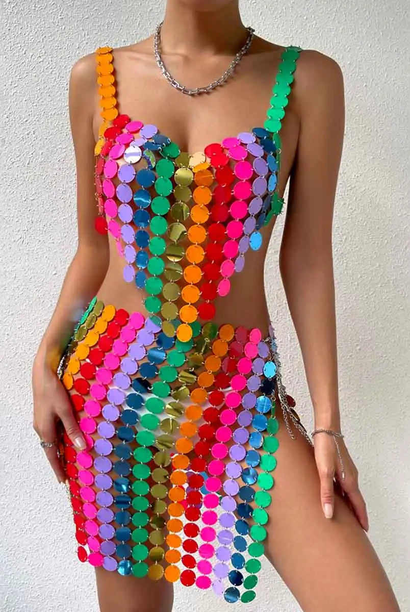 Rainbow Sequin Bra Top & Skirt