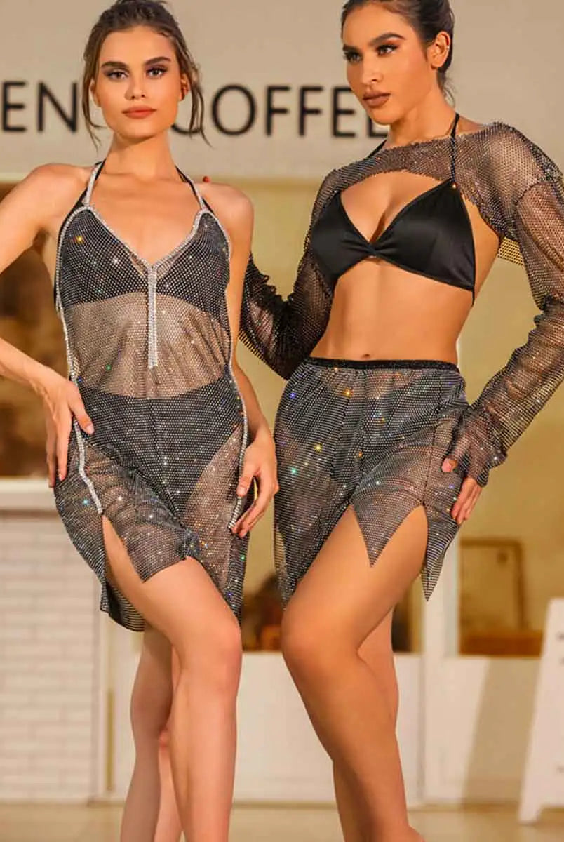 rhinestone mesh pants set