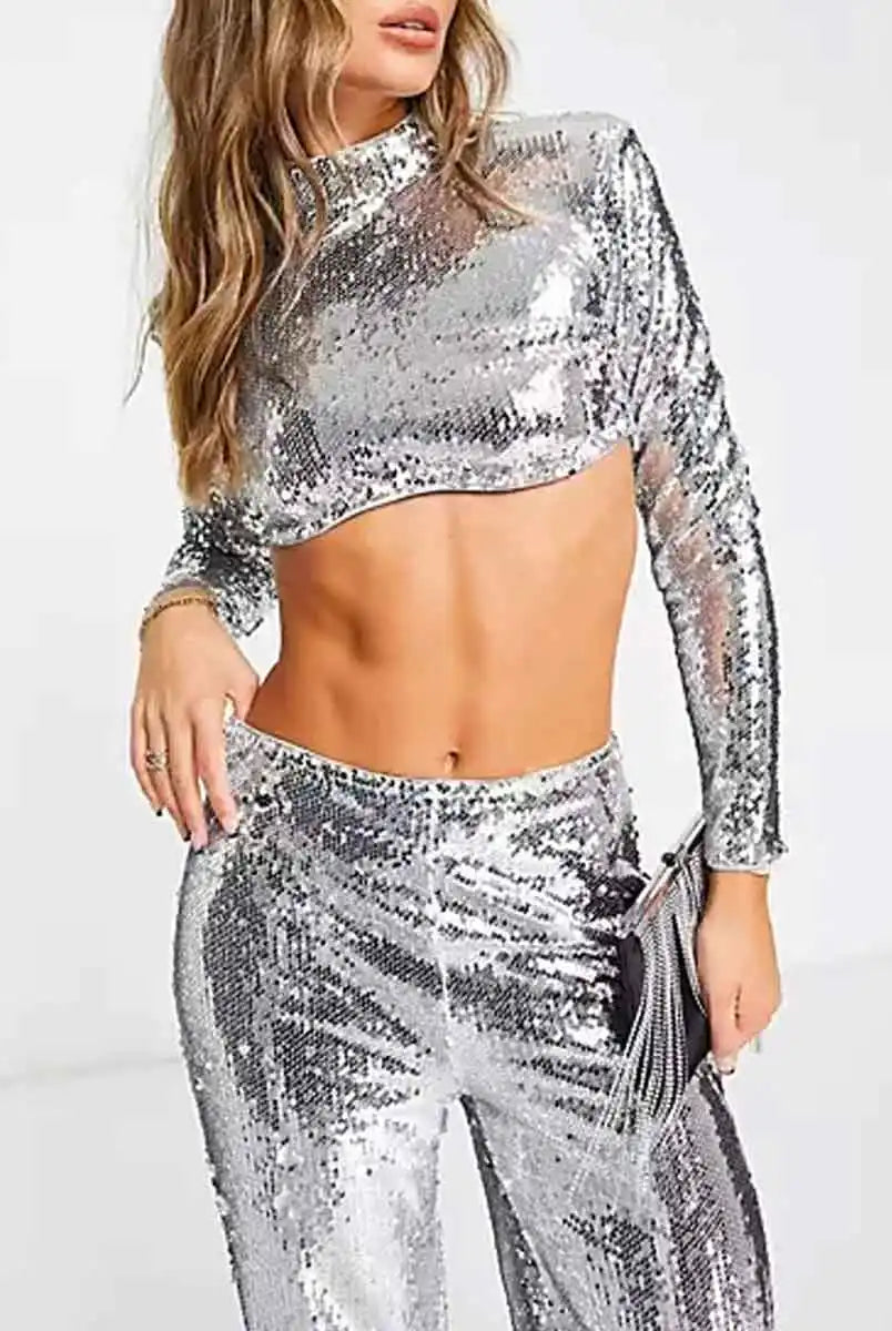 silver sequin pants suit