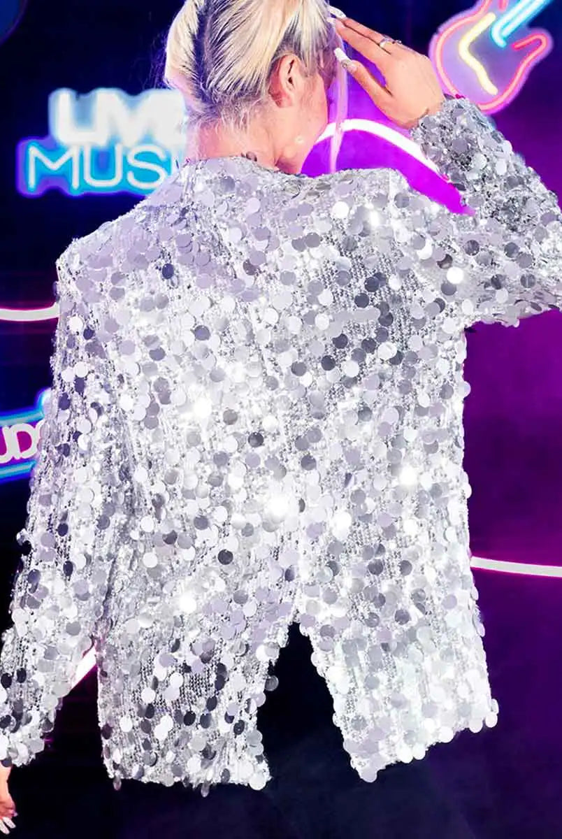 Women's Sequin Tuxedo Jacket - Silver Lapel Blazer