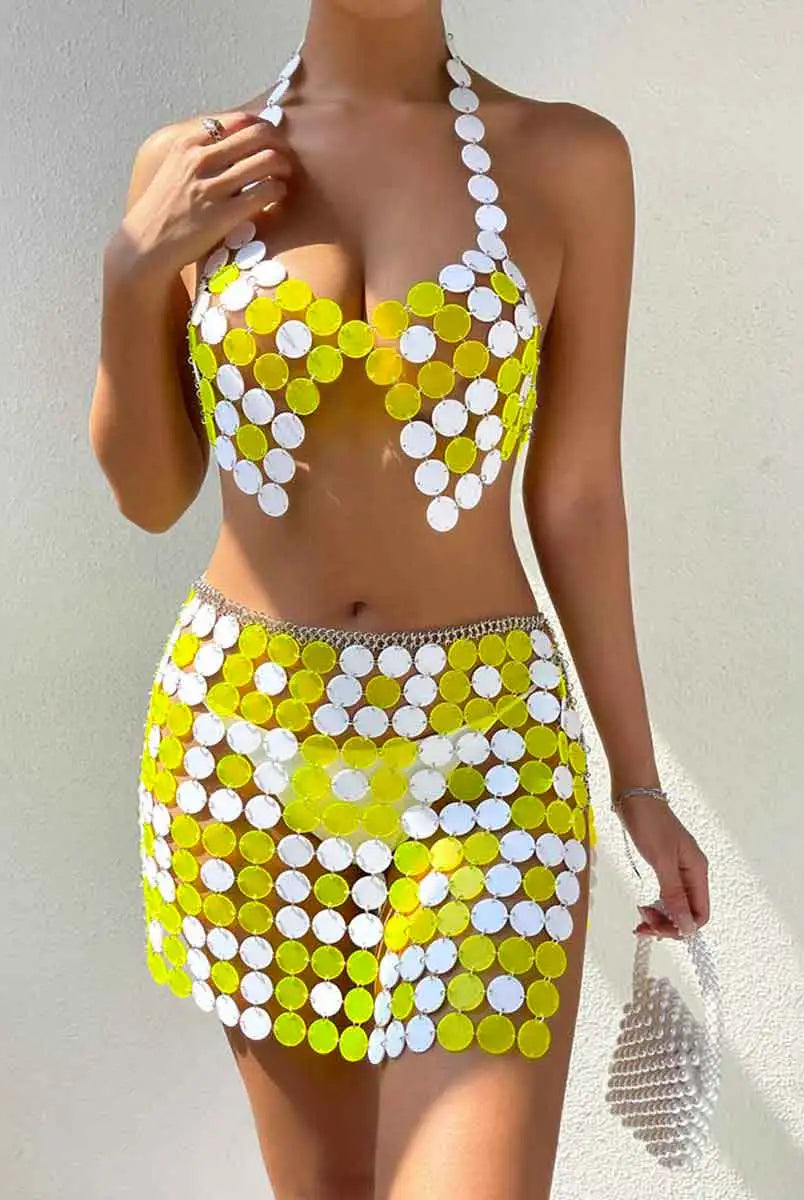 Yellow Sequin Bra Top & Skirt