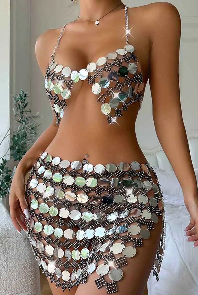 Silver Sequin Mini Skirt Set