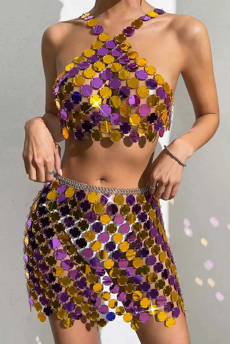Purple Gold Sequin Mini Skirt Set