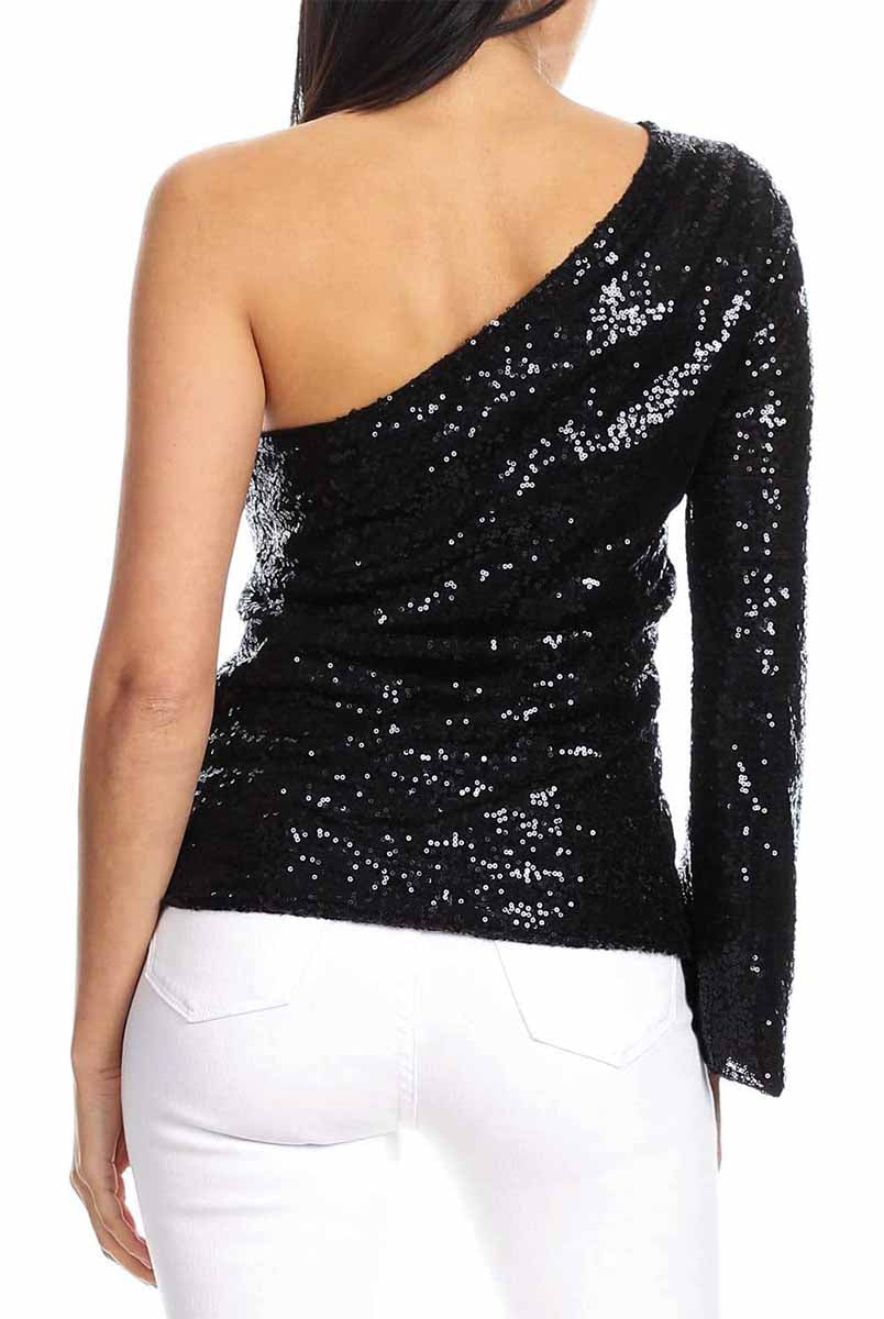 Black Sequin One-Shoulder Long Sleeve Top