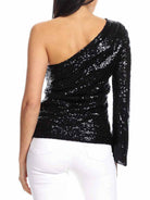 Black Sequin One-Shoulder Long Sleeve Top