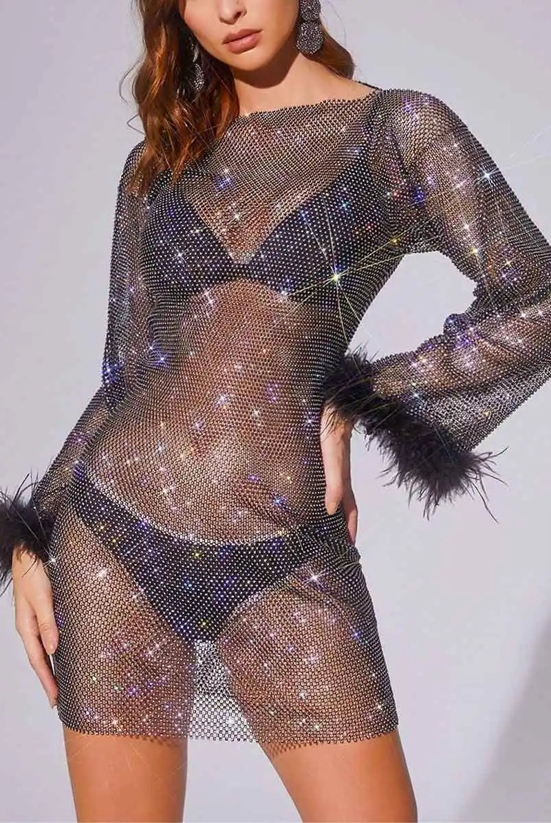 Mesh Feather Rhinestone Dress