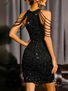 black sequin sleeveless dress