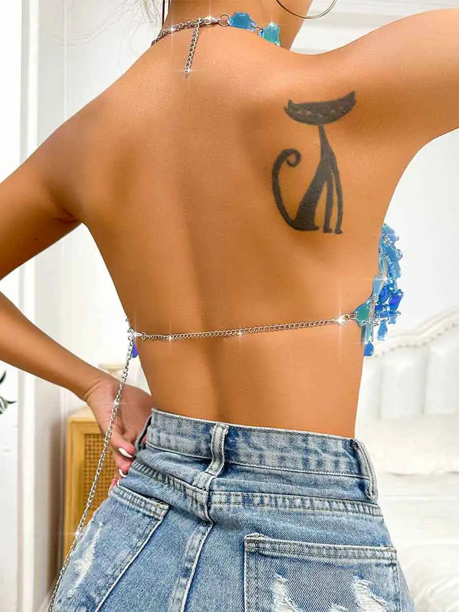 Blue Sequin Halter Top - Short Shiny Halter Neck Tank Top