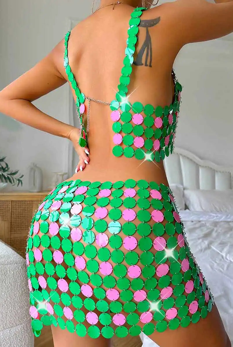 Green Sequin Bra Top & Skirt