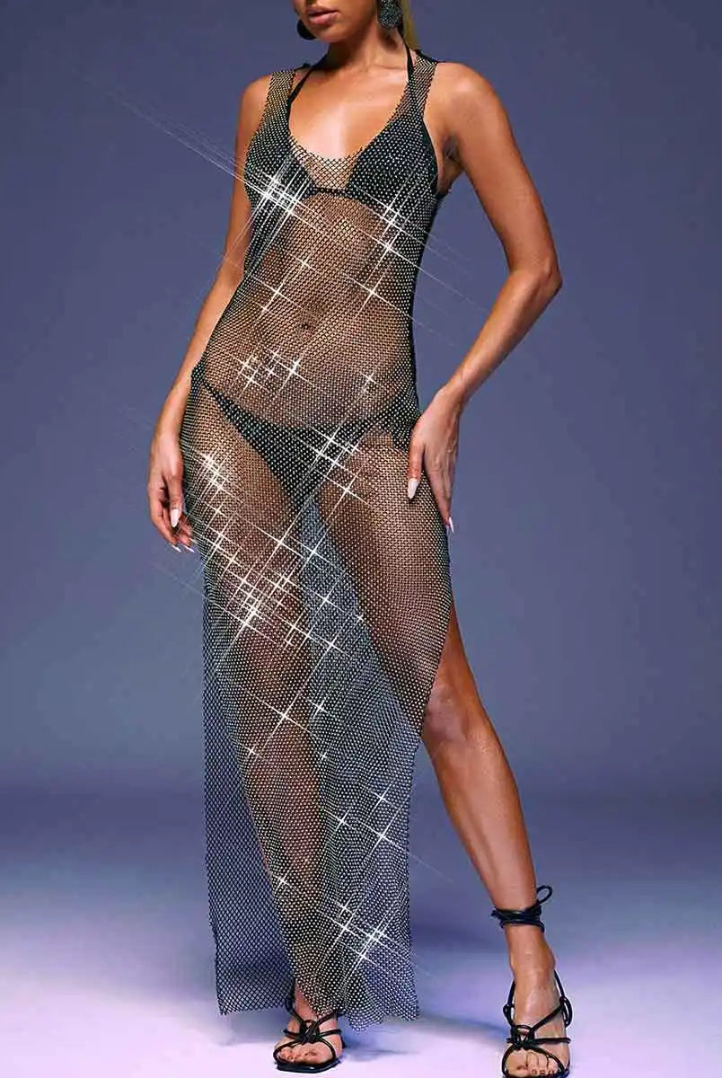 Rhinestone Mesh Slit Dress
