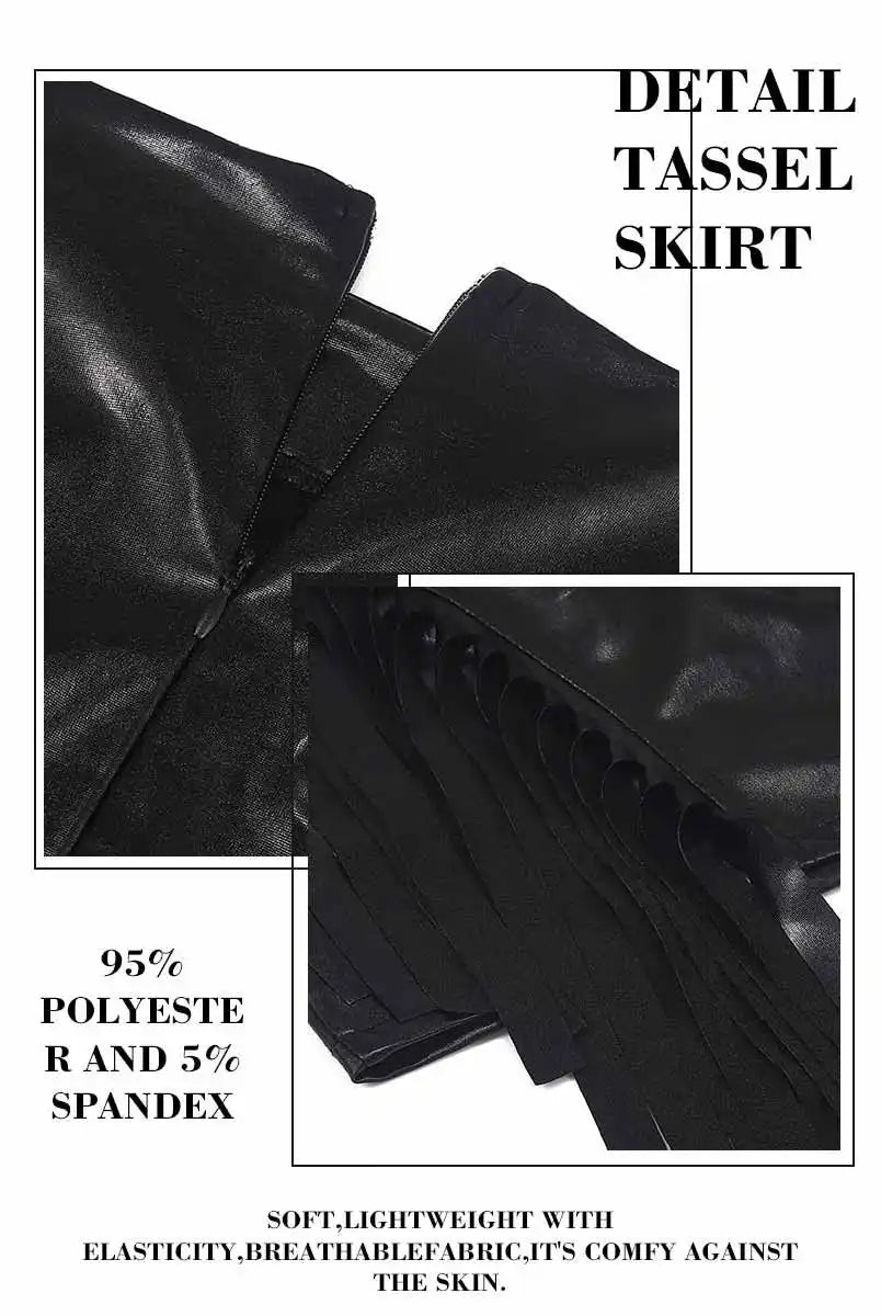 Black tassel mini leather skirt details