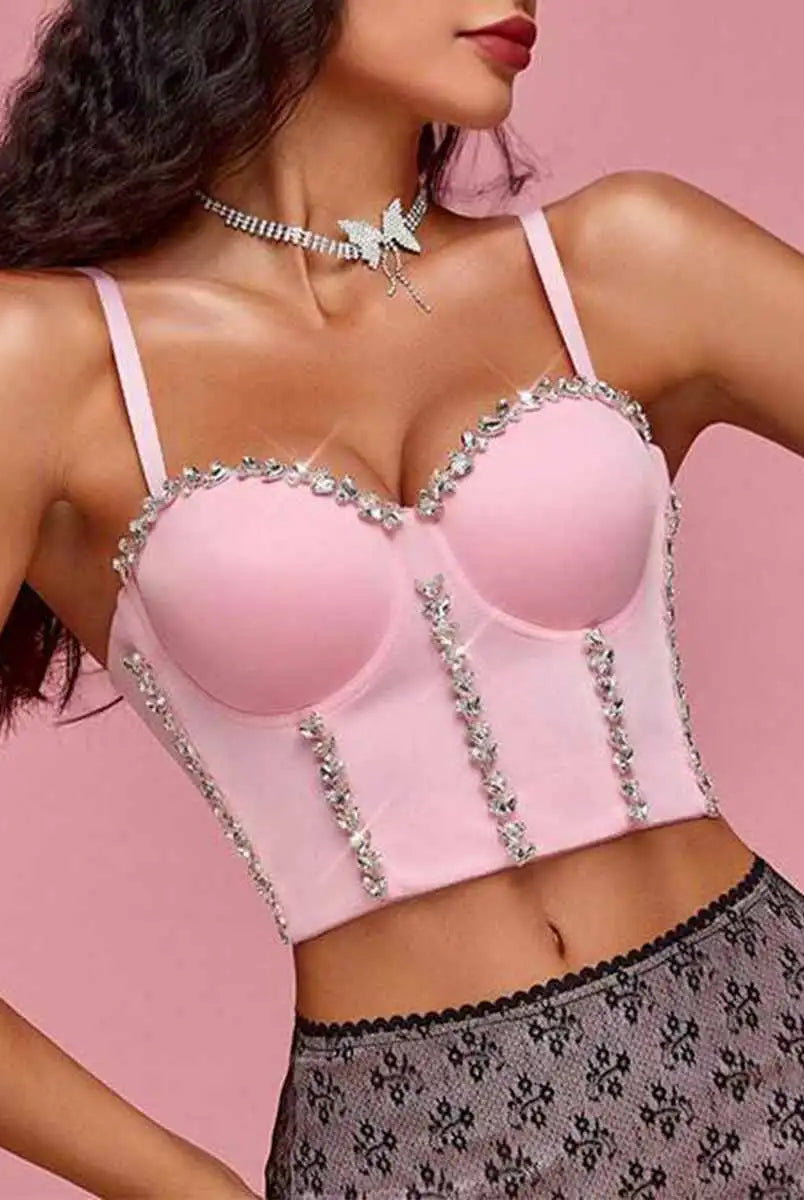 Stylish Pink Rhinestone Bra Top