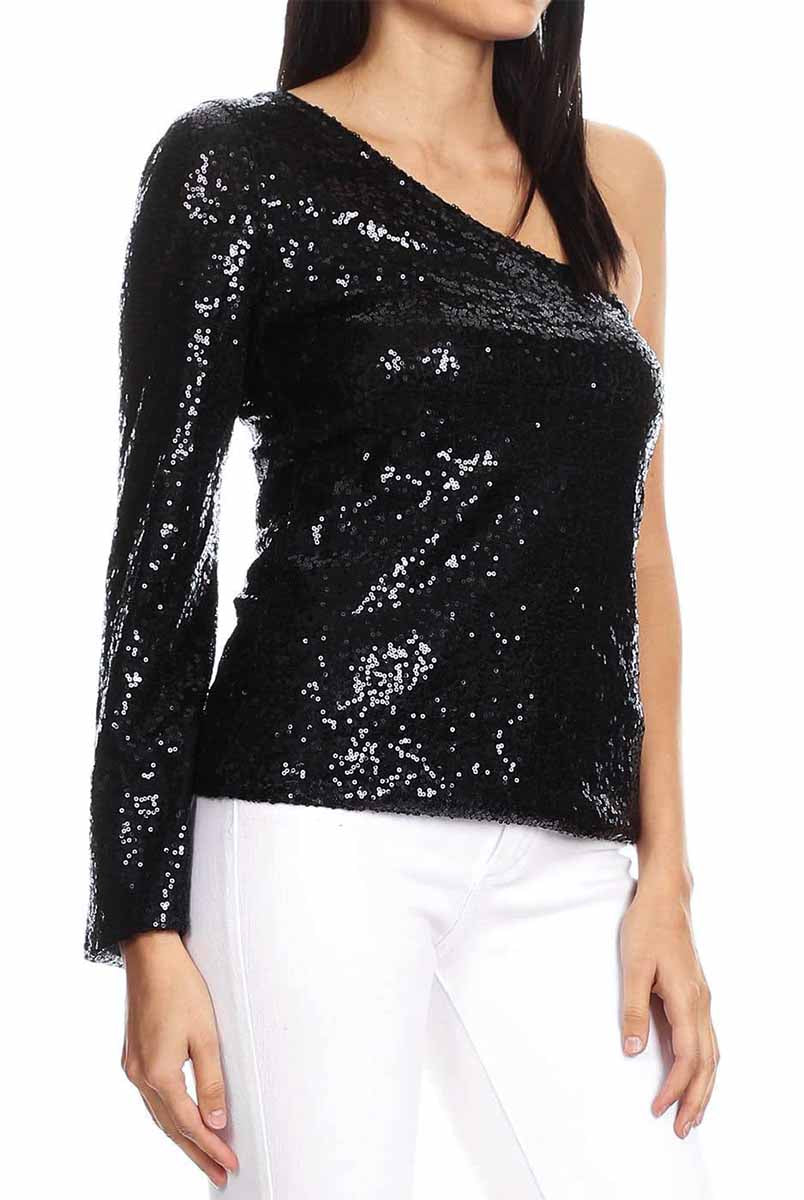 Sparkly Black One-Shoulder Top