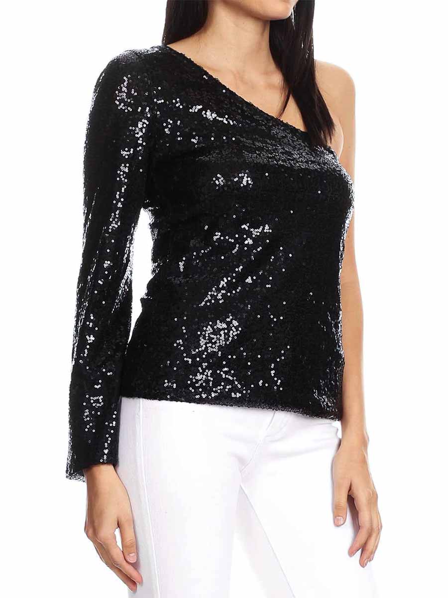 Sparkly Black One-Shoulder Top