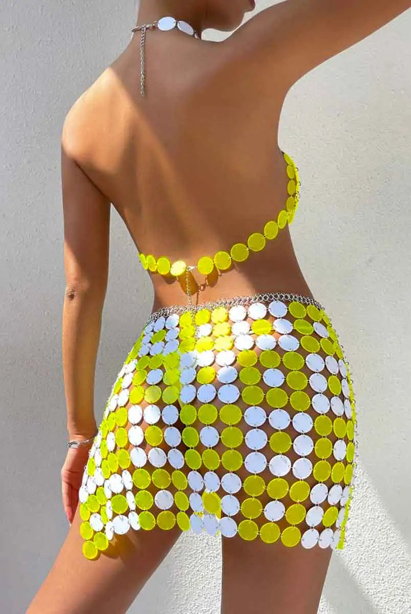 Yellow & White Sequin Top & Skirt