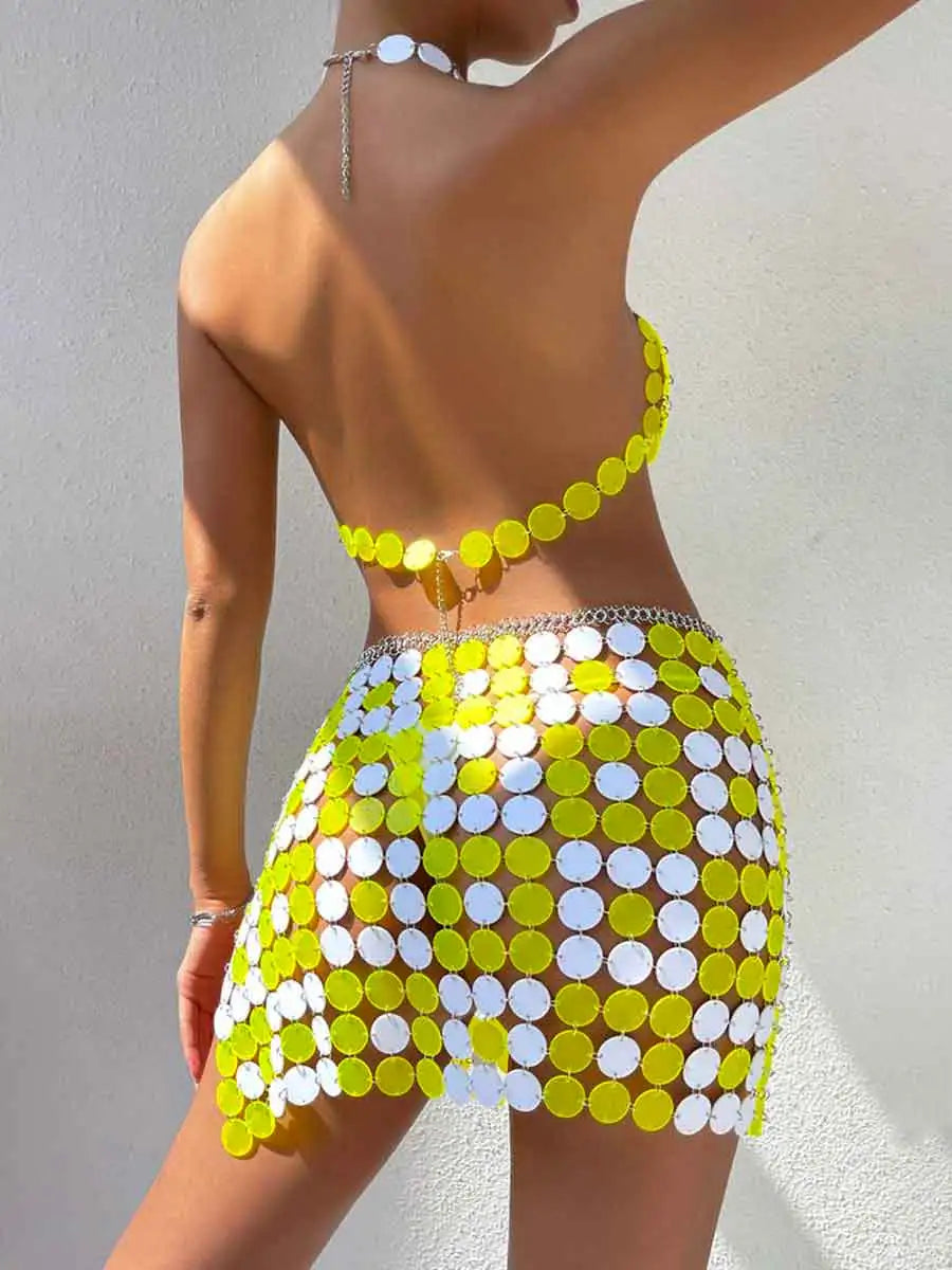 Yellow & White Sequin Top & Skirt