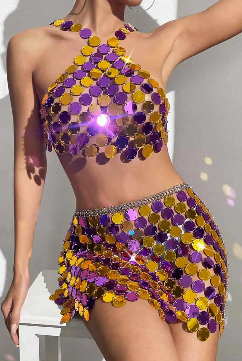 Purple Sequin Bra Top & Skirt