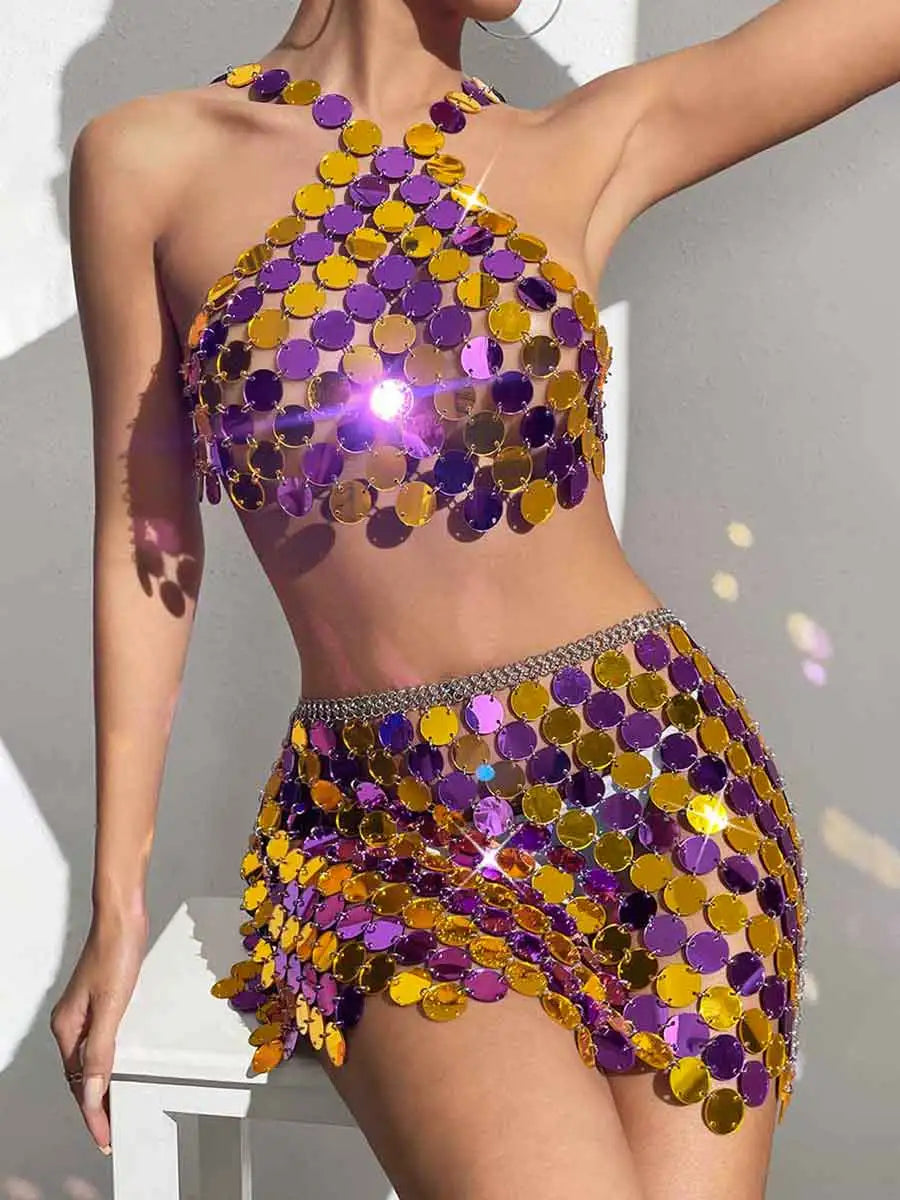 Purple Sequin Bra Top & Skirt