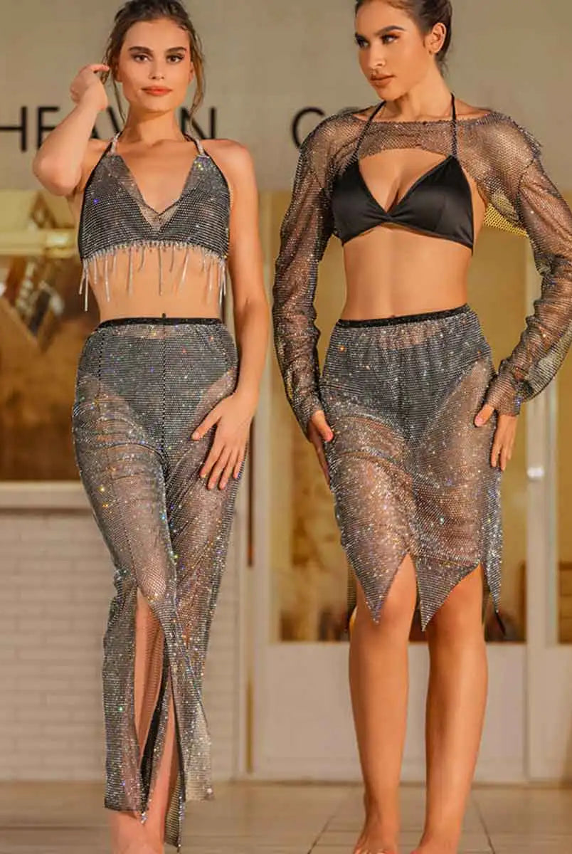 dazzlin crystal mesh pants set
