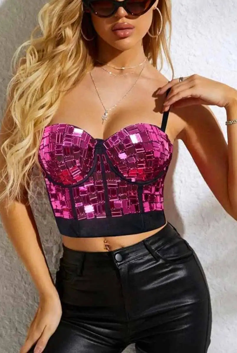 Pink Rhinestone Corset Top With Sexy Black Suspenders