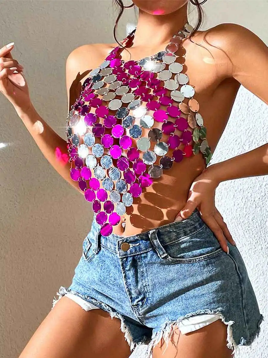 Women's Pink Sequin Top - Halterneck + Backless Design