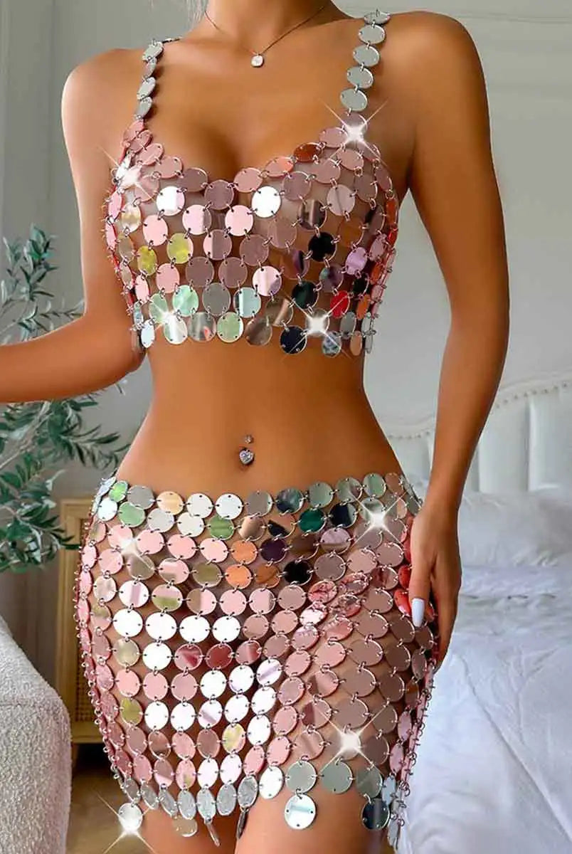 Silver Short bra tank top+ sequin skirt set