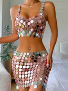Silver Short bra tank top+ sequin skirt set